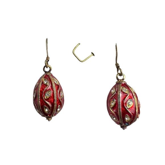 Earring’s National Geographic Oval Shaped Red Clear Stone Gold Toned Fish Hook - Picture 2 of 5